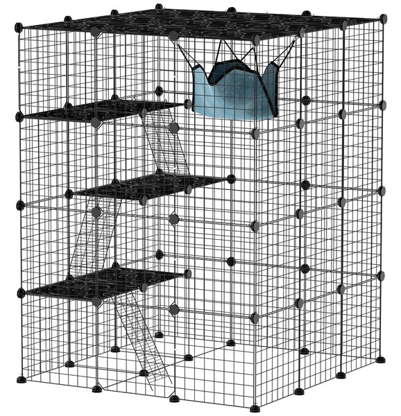 PawHut Gabbia per Gatti Modulabile a 4 Livelli con Piattaforme, Rampe e 5 Porte, in Acciaio e PP, 105x105x140 cm, Nero
