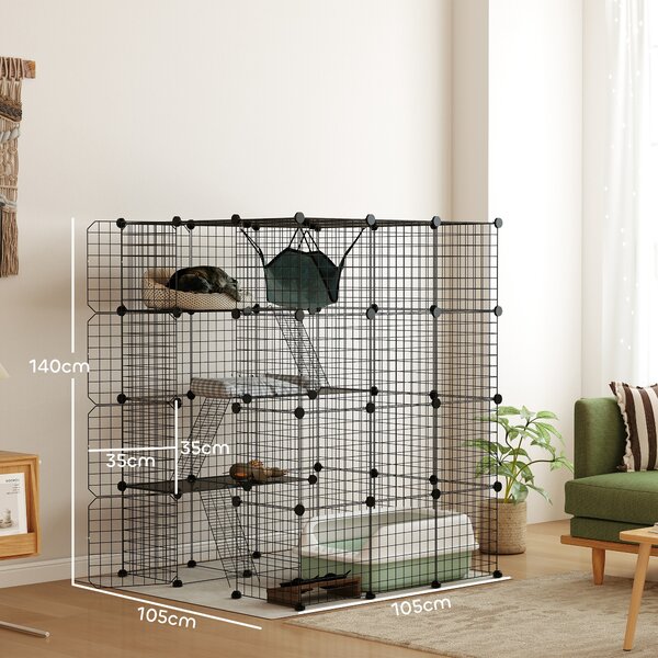 PawHut Gabbia per Gatti Modulabile a 4 Livelli con Piattaforme, Rampe e 5 Porte, in Acciaio e PP, 105x105x140 cm, Nero