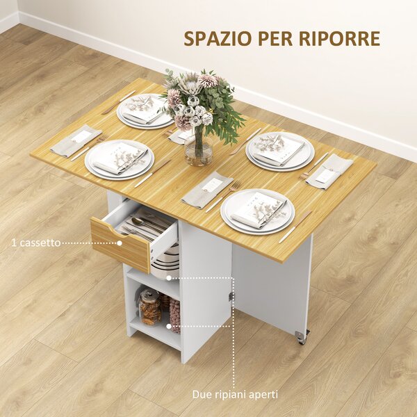 HOMCOM Tavolo Pieghevole Consolle per 2-4 Persone con scomparti aperti e ruote, Cassetto e Ripiani, in truciolato, Quercia|Aosom Italy