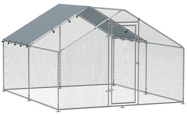 PawHut Recinto per Galline da 10.2m² per 10-15 Galline con Tetto Impermeabile, in Acciaio e Tessuto, 3x3.4x1.9 m, Argento
