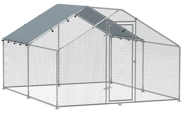 PawHut Recinto per Galline da 10.2m² per 10-15 Galline con Tetto Impermeabile, in Acciaio e Tessuto, 3x3.4x1.9 m, Argento