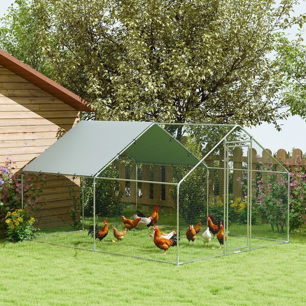 PawHut Recinto per Galline da 10.2m² per 10-15 Galline con Tetto Impermeabile, in Acciaio e Tessuto, 3x3.4x1.9 m, Argento