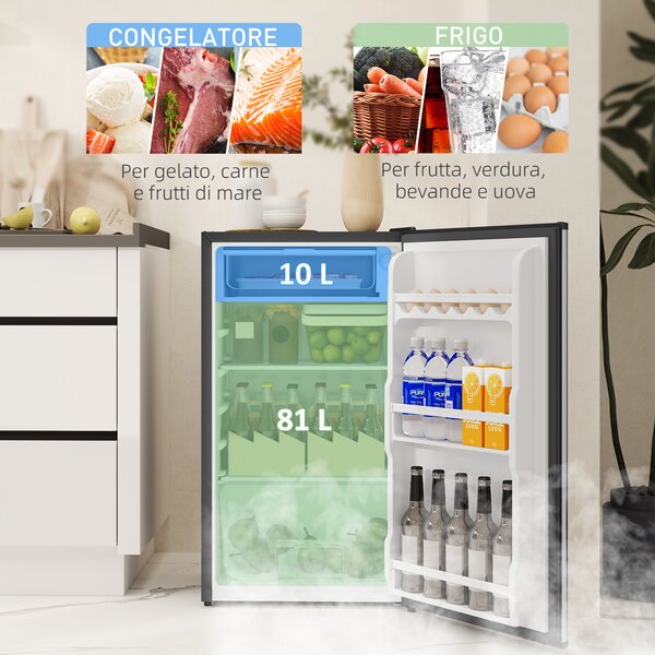 HOMCOM Frigorifero da 91L con Termostato Regolabile, Frigo Piccolo con Ripiani Regolabili e Cassetto, Argento | Aosom Italy