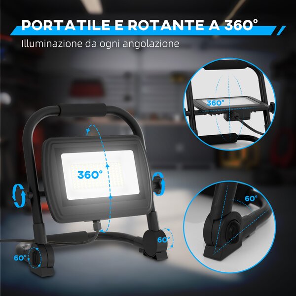 HOMCOM Faretto LED da Lavoro da 6500k con Testa Girevole e Supporto, in Alluminio e Metallo, 25.5x16x25.5 cm, Nero
