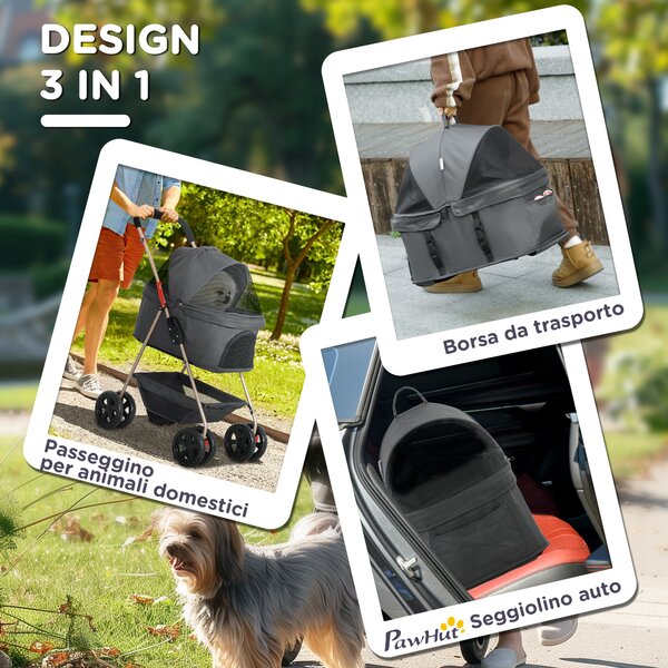 PawHut Passeggino per Cani 3 in 1 Pieghevole con Borsa Trasportino e Cestino Inferiore, Grigio