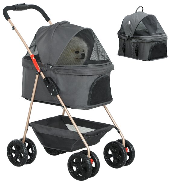 PawHut Passeggino per Cani 3 in 1 Pieghevole con Borsa Trasportino e Cestino Inferiore, Grigio