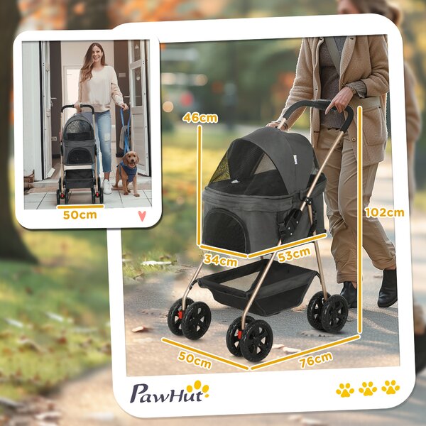 PawHut Passeggino per Cani 3 in 1 Pieghevole con Borsa Trasportino e Cestino Inferiore, Grigio