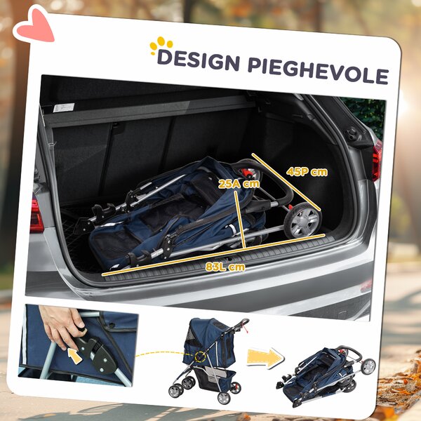 PawHut Passeggino per Cani Pieghevole in Tessuto, Carrozzina per Cani 10kg con Ruote, Cestino e Portabicchieri, 75x45x97cm, Blu Scuro | Aosom Italy