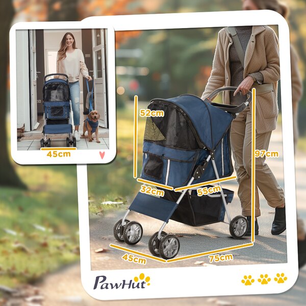 PawHut Passeggino per Cani Pieghevole in Tessuto, Carrozzina per Cani 10kg con Ruote, Cestino e Portabicchieri, 75x45x97cm, Blu Scuro | Aosom Italy