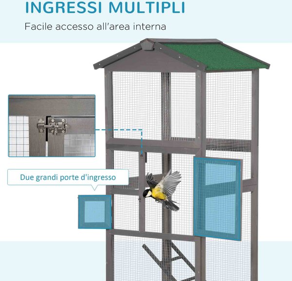 PawHut Gabbia per Uccelli Alta 165cm in Legno da Esterno con 2 Porte e Vassoio Estraibile, Grigio Chiaro