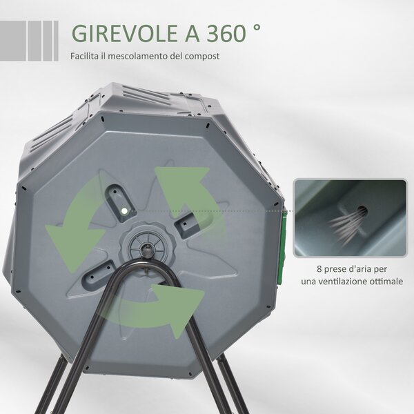 Outsunny Compostiera da Giardino Girevole a 2 Sezioni con 8 Prese d'Aria, in Acciaio e PP, 71x65x96 cm, Grigio