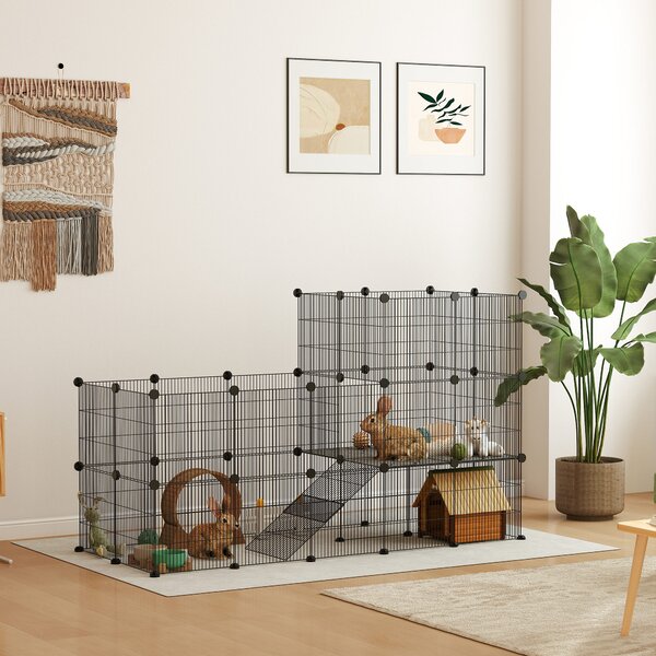 PawHut Recinto per Animali Modulabile e Multilivello con 39 Pannelli, in Acciaio e PP, 140x70x105 cm, Nero