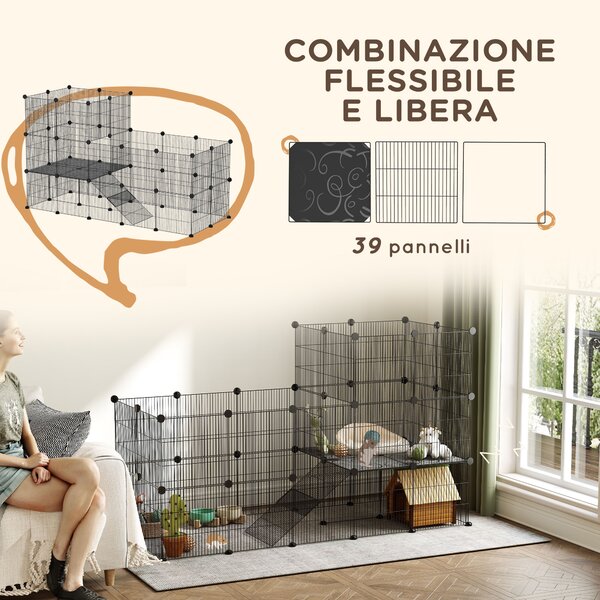 PawHut Recinto per Animali Modulabile e Multilivello con 39 Pannelli, in Acciaio e PP, 140x70x105 cm, Nero