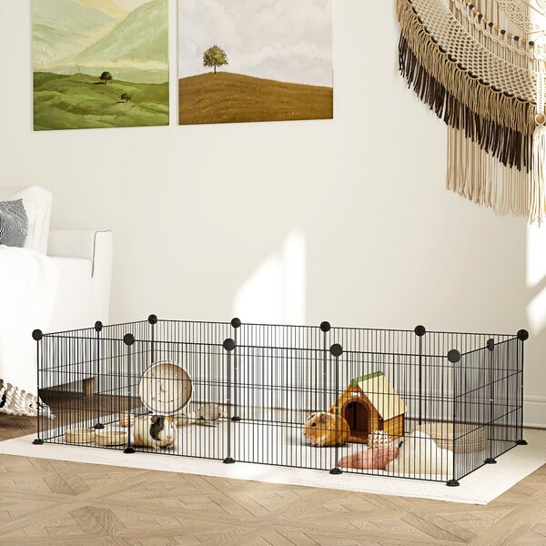 PawHut Recinto per Animali Modulabile con 12 Pannelli 35x35 cm e Bordi Arrotondati, in Metallo e ABS, 140x70x35 cm, Nero