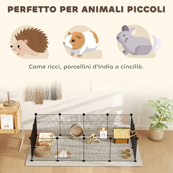 PawHut Recinto per Animali Modulabile con 12 Pannelli 35x35 cm e Bordi Arrotondati, in Metallo e ABS, 140x70x35 cm, Nero