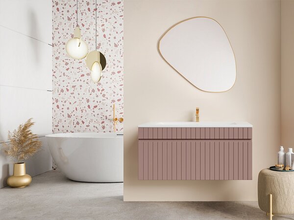 Mobile per bagno sospeso scanalato con lavabo da incasso 100 cm Rosa - SATARA