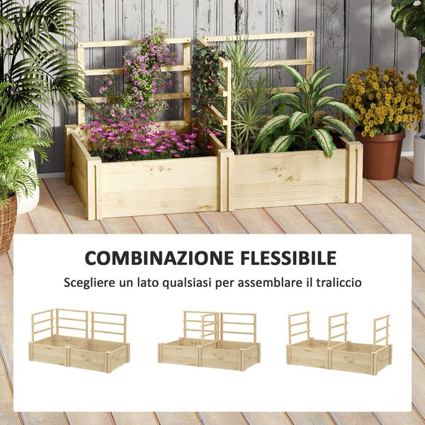 Outsunny Letto per Orto con 3 Tralicci e 2 Fioriere in Legno di Abete con Fondo Aperto, 119x62.5x64 cm, color Legno