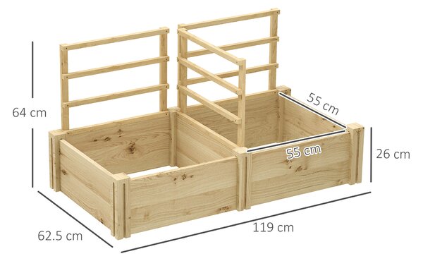 Outsunny Letto per Orto con 3 Tralicci e 2 Fioriere in Legno di Abete con Fondo Aperto, 119x62.5x64 cm, color Legno