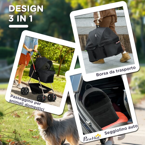 PawHut Passeggino per Cani 3 in 1 Pieghevole con Borsa Trasportino e Cestino Inferiore, Nero