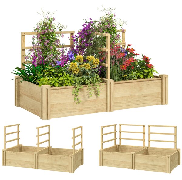Outsunny Letto per Orto con 3 Tralicci e 2 Fioriere in Legno di Abete con Fondo Aperto, 119x62.5x64 cm, color Legno