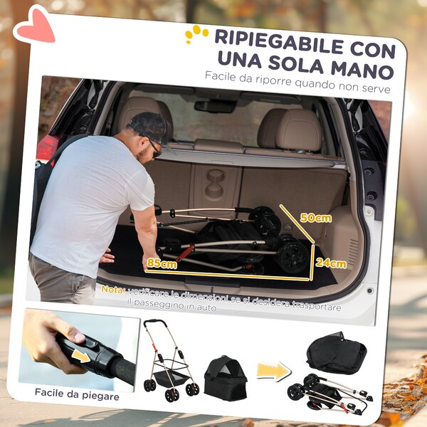 PawHut Passeggino per Cani 3 in 1 Pieghevole con Borsa Trasportino e Cestino Inferiore, Nero