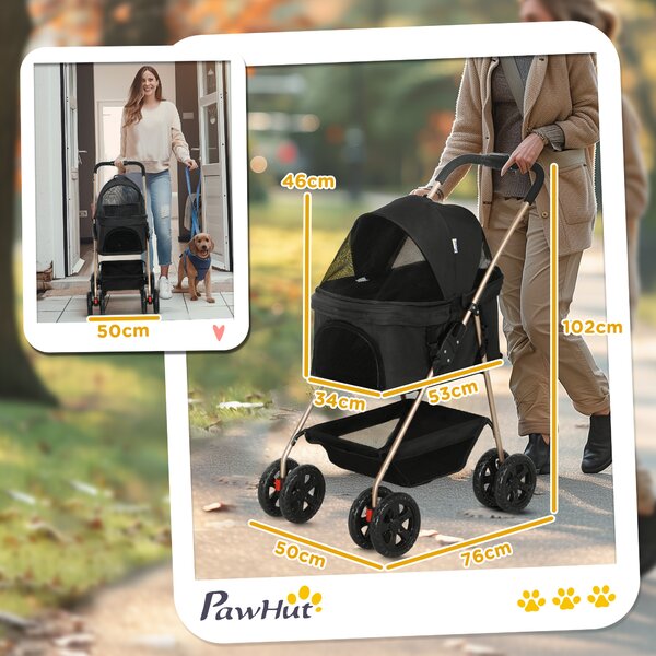 PawHut Passeggino per Cani 3 in 1 Pieghevole con Borsa Trasportino e Cestino Inferiore, Nero