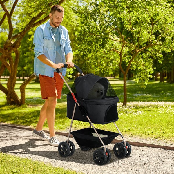 PawHut Passeggino per Cani 3 in 1 Pieghevole con Borsa Trasportino e Cestino Inferiore, Nero