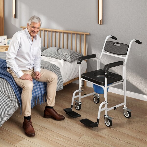 HOMCOM Sedia a Rotelle con WC Impermeabile 4 in 1 con Poggiapiedi Ribaltabili, in Alluminio e Plastica, Nero