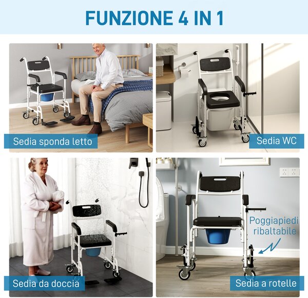 HOMCOM Sedia a Rotelle con WC Impermeabile 4 in 1 con Poggiapiedi Ribaltabili, in Alluminio e Plastica, Nero