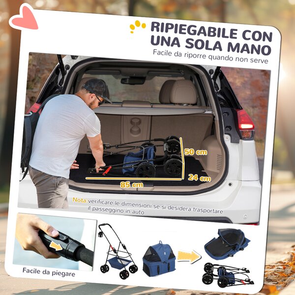 PawHut Passeggino per Cani 3 in 1 Pieghevole con Borsa Trasportino e Cestino Inferiore, Blu