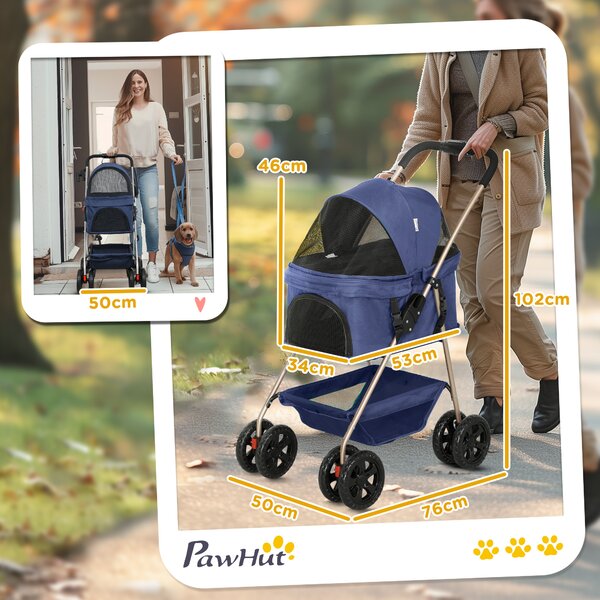 PawHut Passeggino per Cani 3 in 1 Pieghevole con Borsa Trasportino e Cestino Inferiore, Blu