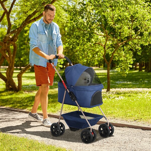 PawHut Passeggino per Cani 3 in 1 Pieghevole con Borsa Trasportino e Cestino Inferiore, Blu