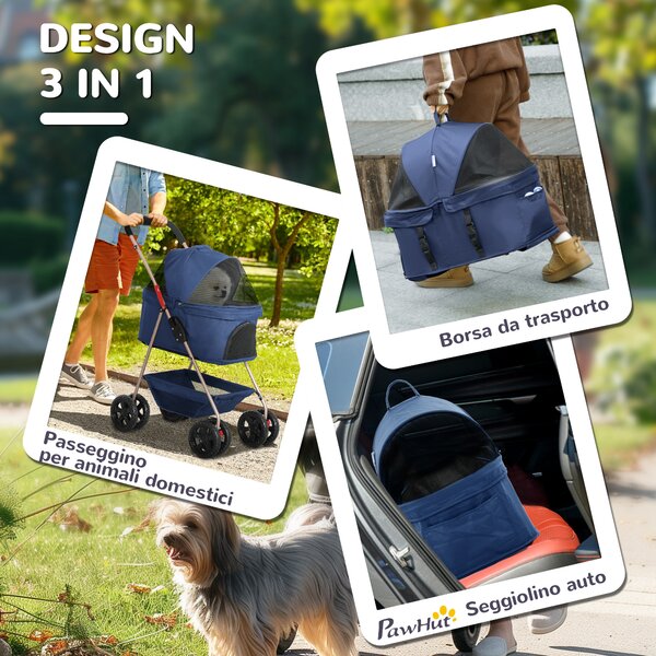 PawHut Passeggino per Cani 3 in 1 Pieghevole con Borsa Trasportino e Cestino Inferiore, Blu