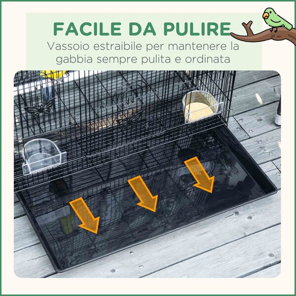 PawHut Gabbia per Uccelli con 2 Posatoi e 3 Ingressi in Filo Metallico e Plastica, 60x41x41 cm, Nero