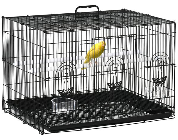 PawHut Gabbia per Uccelli con 2 Posatoi e 3 Ingressi in Filo Metallico e Plastica, 60x41x41 cm, Nero