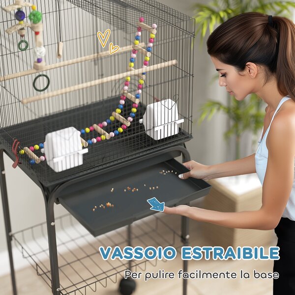 PawHut Gabbia per Uccelli con Piedistallo, Ruote Girevoli, Ripiano e Accessori, 46x36x120 cm, Nero