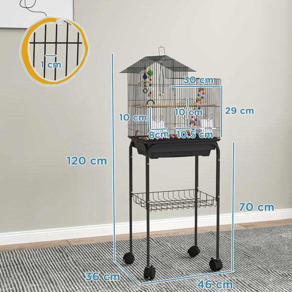 PawHut Gabbia per Uccelli con Piedistallo, Ruote Girevoli, Ripiano e Accessori, 46x36x120 cm, Nero