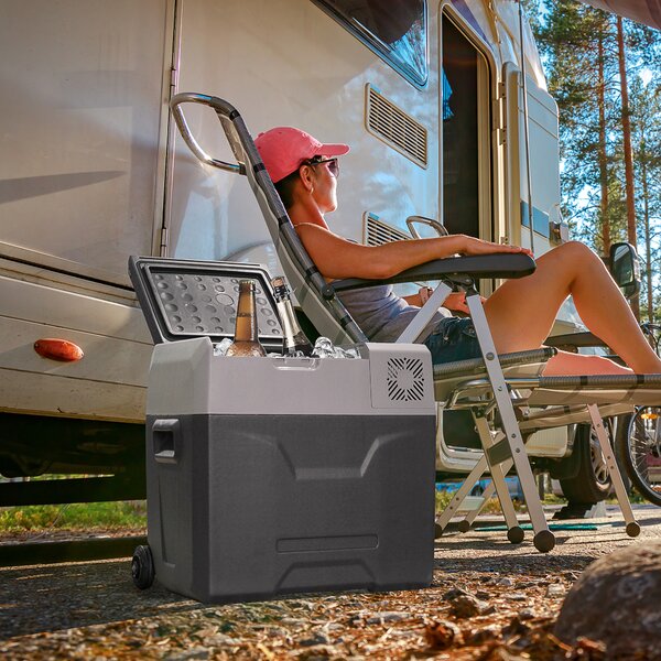 HOMCOM Frigo per Auto da 50L con Pannello Touch, Maniglia e 2 Ruote, in Alluminio e Plastica, 58.6x37.8x54.5 cm, Grigio