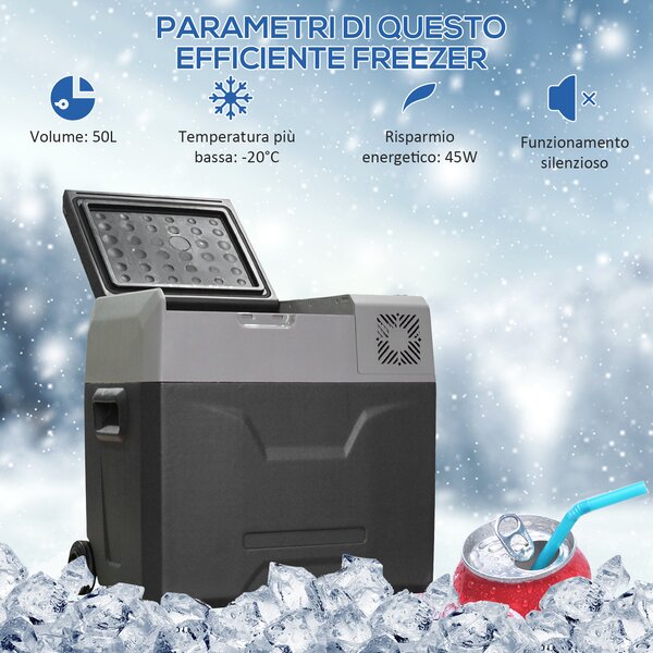 HOMCOM Frigo per Auto da 50L con Pannello Touch, Maniglia e 2 Ruote, in Alluminio e Plastica, 58.6x37.8x54.5 cm, Grigio