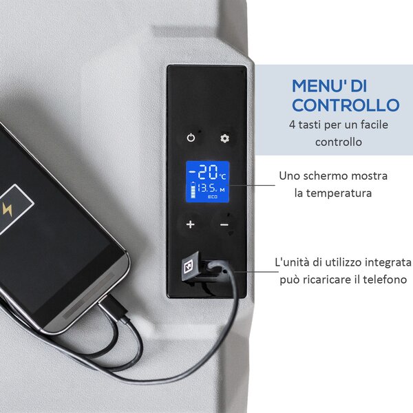 HOMCOM Frigo per Auto da 50L con Pannello Touch, Maniglia e 2 Ruote, in Alluminio e Plastica, 58.6x37.8x54.5 cm, Grigio