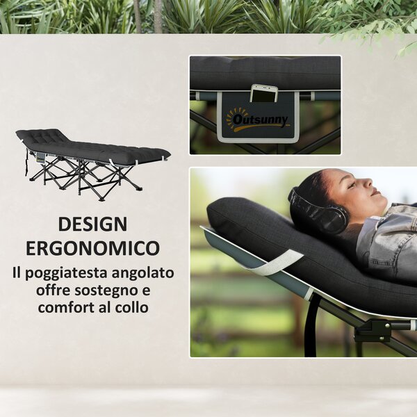 Outsunny Lettino da Campeggio Pieghevole con Poggiatesta Inclinato e Materasso Rimovibile, 196x68x37 cm, Nero