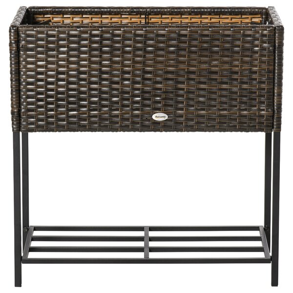 Outsunny Fioriera da Esterno e Interno Rettangolare in Rattan PE e Metallo con Base Rialzata e Ripiano Inferiore, 70x30x72cm, Marrone | Aosom