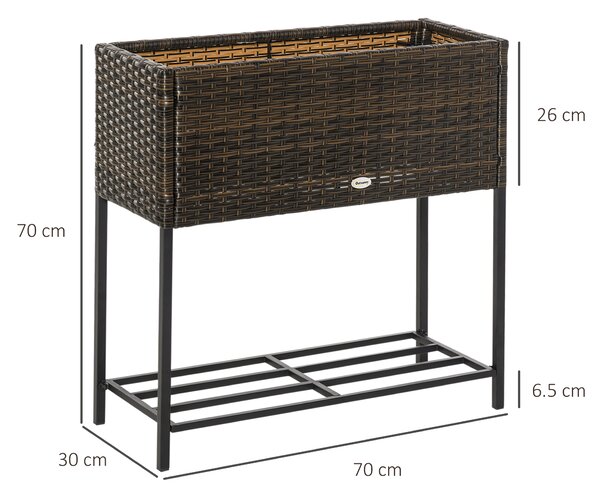 Outsunny Fioriera da Esterno e Interno Rettangolare in Rattan PE e Metallo con Base Rialzata e Ripiano Inferiore, 70x30x72cm, Marrone | Aosom