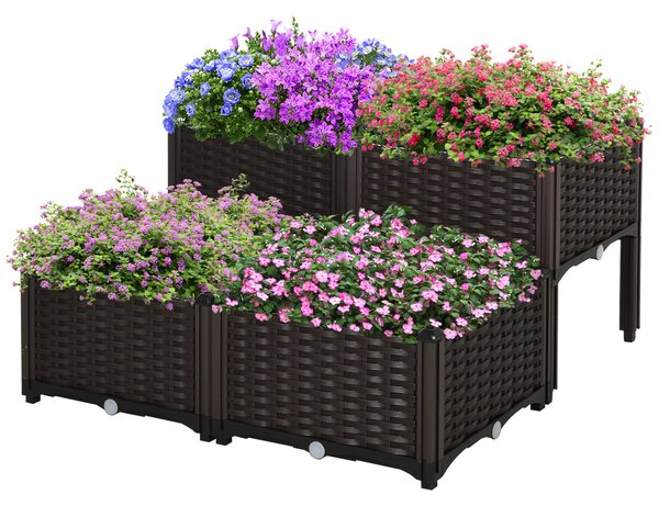 Outsunny Set 4 Pezzi Fioriere da Esterno Autoirriganti Rialzate Letto da Giardino Rialzato per Fiori Effetto Rattan in PP, Marrone|Aosom