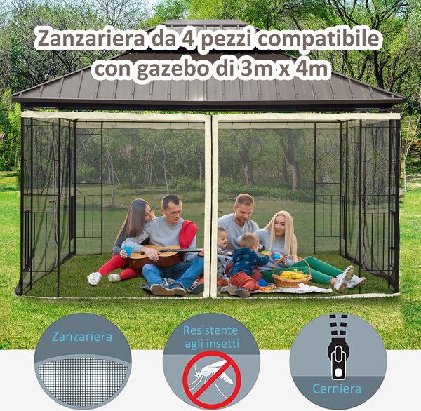 Outsunny Zanzariera per Gazebo 3x4m con Cerniere e Anelli, Pannelli da 352x207 cm, Nero e Beige | Aosom Italy