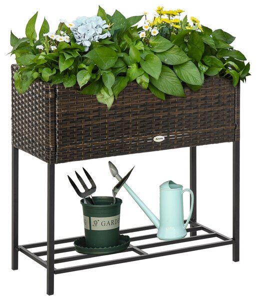 Outsunny Fioriera da Esterno e Interno Rettangolare in Rattan PE e Metallo con Base Rialzata e Ripiano Inferiore, 70x30x72cm, Marrone | Aosom