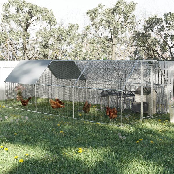 Pawhut Gabbia per Galline in Metallo Galvanizzato da esterno Porta con Blocco,Copertura e recinzione, 280x570x195cm, Argento |Aosom Italy