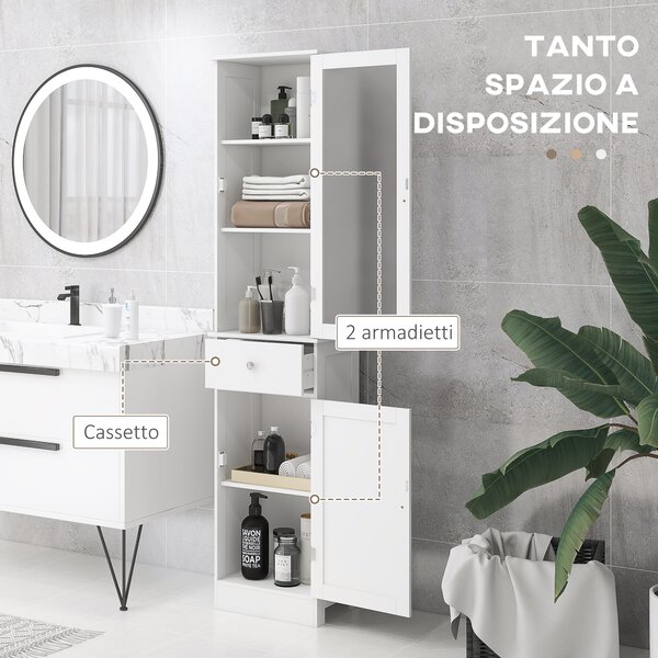 Kleankin Colonna Bagno Salvaspazio con 3 Ripiani Superiori, Cassetto e Armadietto, in MDF, 40x27x171.5cm, Bianco|Aosom