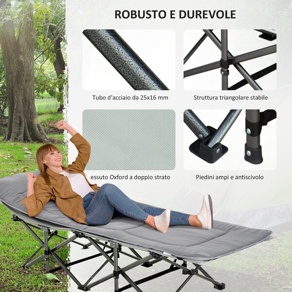 Outsunny Lettino da Campeggio Pieghevole e Imbottito con Tasca Portaoggetti, 188x64.5x53 cm, Grigio chiaro|Aosom