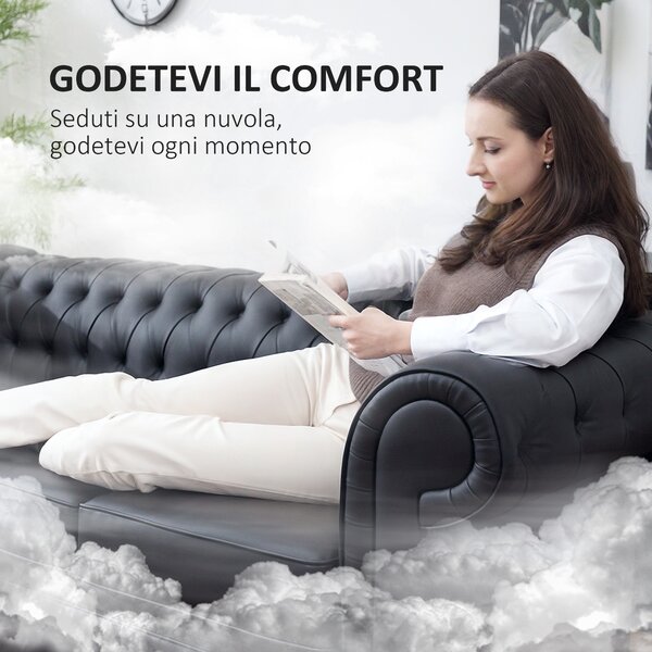 HOMCOM Divano 3 Posti Stile Chesterfield Trapuntato con Molle Insacchettate, Finta Pelle, 213x86x79 cm, Nero